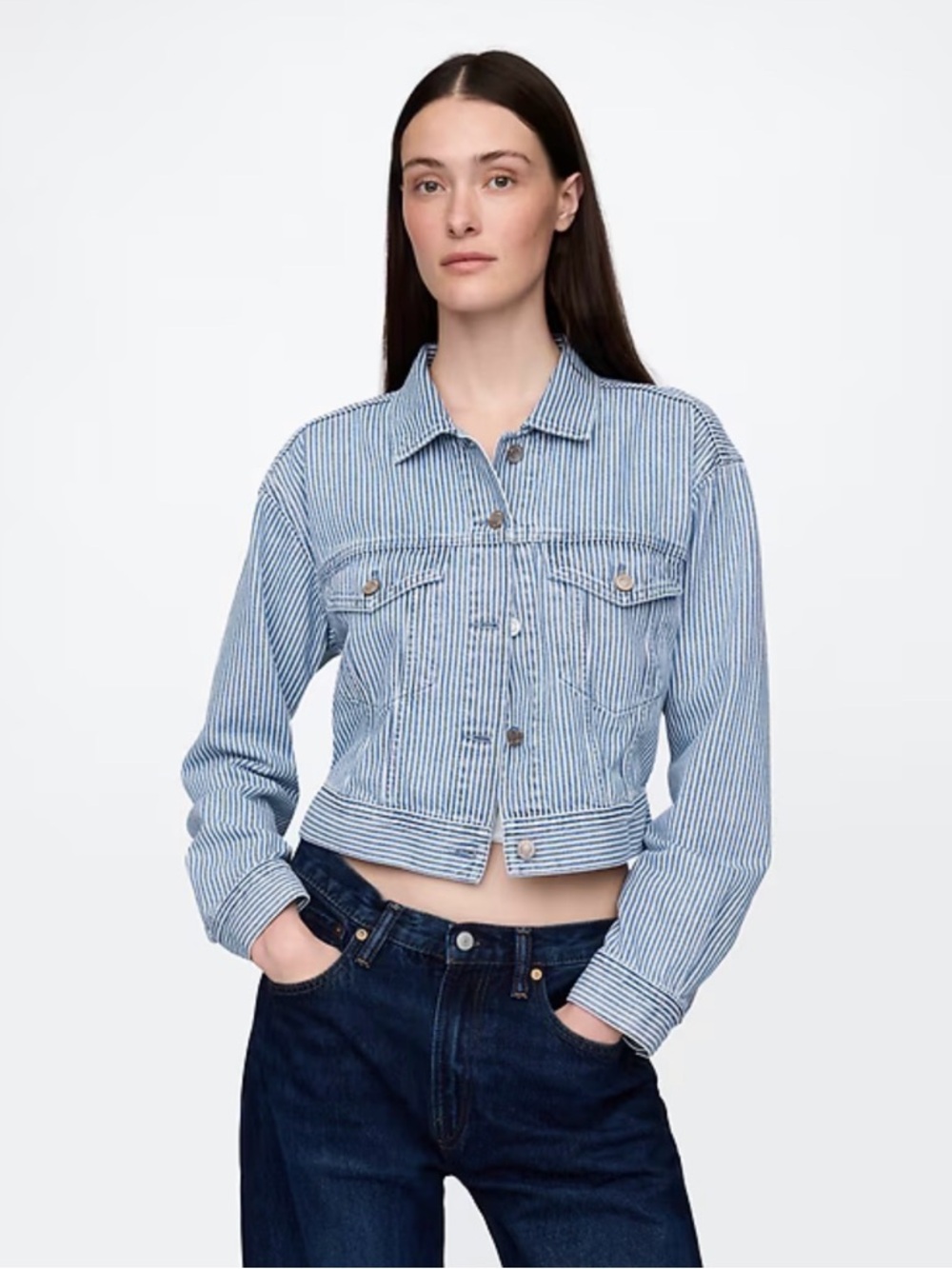 GAP UltraSoft Denim Stripe Cropped Icon Jacket NWT Size L